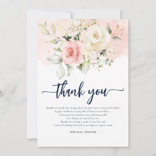 Tarjeta De Agradecimiento Acuarela Floral Dulces 16 Cumpleaños Fiesta Rosa