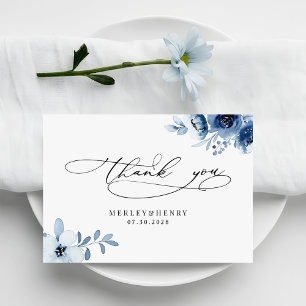 Tarjeta De Agradecimiento Acuarela Floral Elegante Azul Polvo Boda