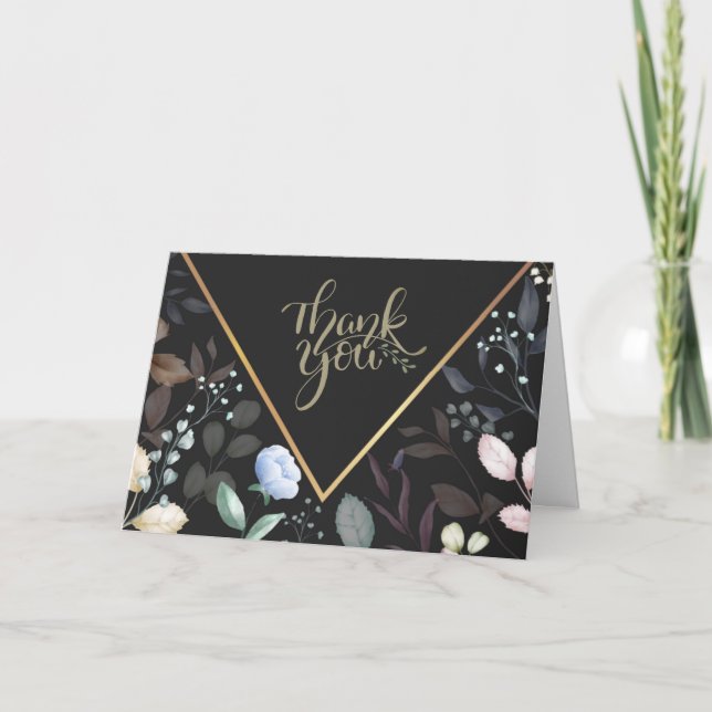 Tarjeta De Agradecimiento Acuarela Floral Negro y Oro Gracias (Anverso)