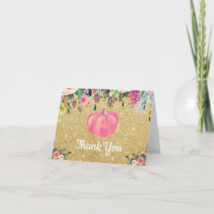 Tarjeta De Agradecimiento Acuarela Floral Otoño Calabaza Rosa Dorado Brillan