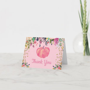 Tarjeta De Agradecimiento Acuarela Floral Otoño Calabaza Rosa Dorado Brillan
