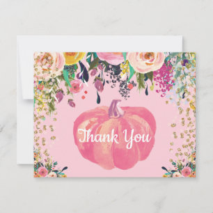 Tarjeta De Agradecimiento Acuarela Floral Otoño Calabaza Rosa Dorado Brillan