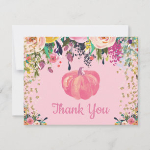 Tarjeta De Agradecimiento Acuarela Floral Otoño Calabaza Rosa Dorado Brillan