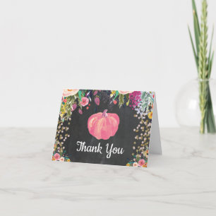 Tarjeta De Agradecimiento Acuarela Floral Otoño Calabaza Rosa Dorado Brillan