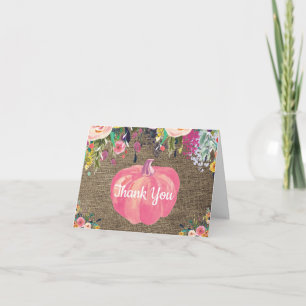 Tarjeta De Agradecimiento Acuarela Floral Otoño Rosa Calabaza Arpillera