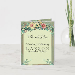 Tarjeta De Agradecimiento Acuarela Floral Verde y Boda Rosa Gracias