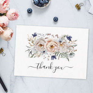 Tarjeta De Agradecimiento Acuarela Flores Azules Beige Bonitas Floral