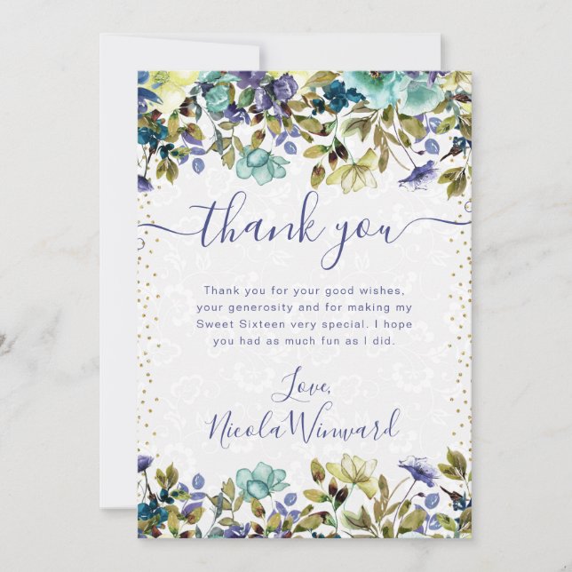 Tarjeta De Agradecimiento Acuarela Flores Azules y Navy Dulces 16 (Anverso)