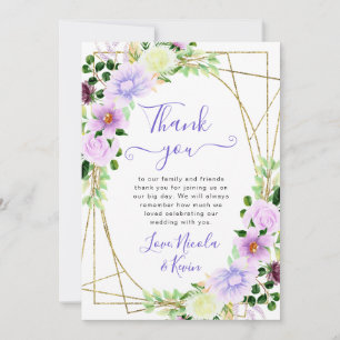 Tarjeta De Agradecimiento Acuarela Flores Moradas Marco Dorado Boda