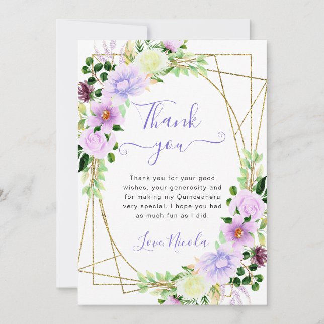 Tarjeta De Agradecimiento Acuarela Flores Púrpuras Marco Oro Quinceanera (Anverso)
