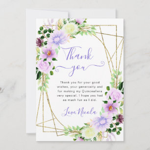 Tarjeta De Agradecimiento Acuarela Flores Púrpuras Marco Oro Quinceanera
