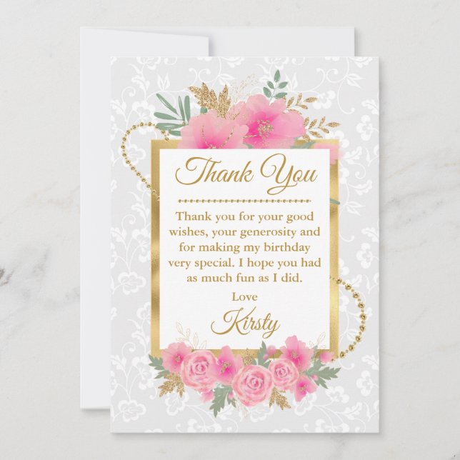 Tarjeta De Agradecimiento Acuarela Flores Rosa Relieve metalizado dorado Dul (Anverso)