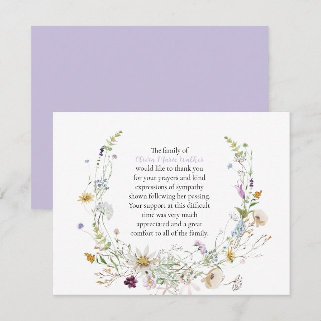 Tarjeta De Agradecimiento Acuarela Flores Silvestres Guión Funeral Gracias (Anverso / Reverso)