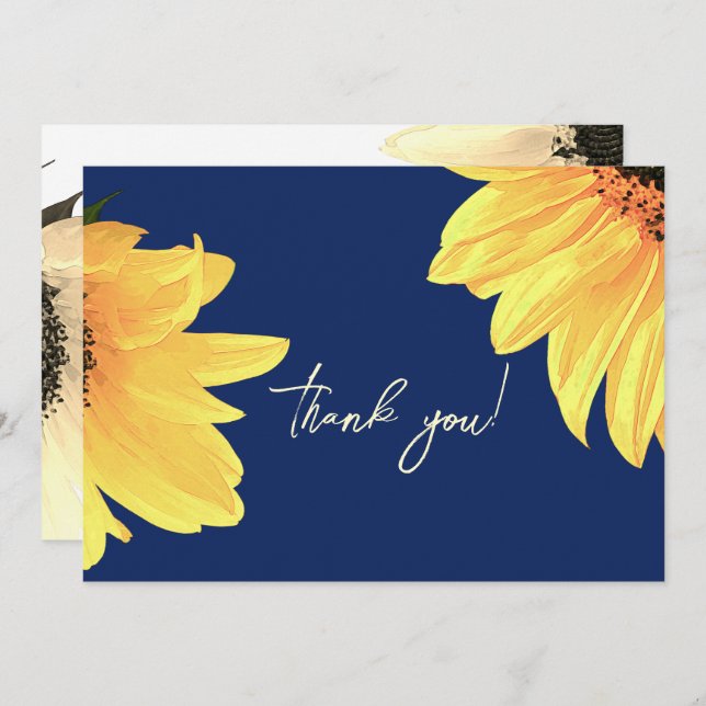 Tarjeta De Agradecimiento Acuarela girasoles Boda azul oscuro (Anverso / Reverso)