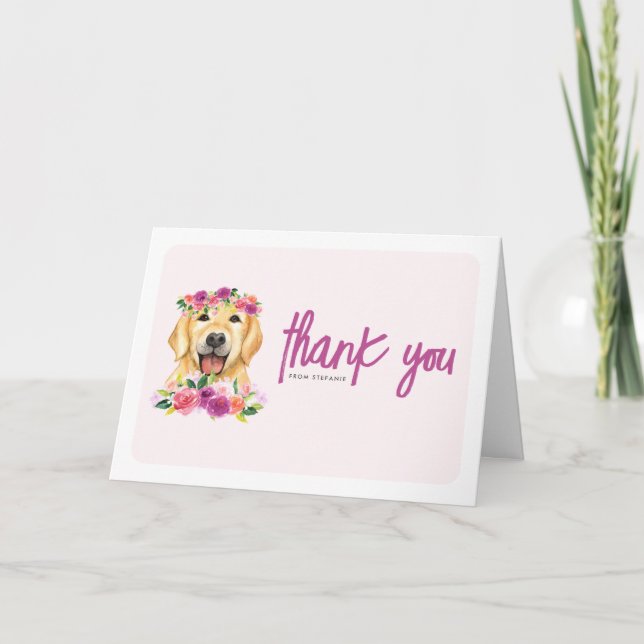 Tarjeta De Agradecimiento Acuarela Golden Retriever Purple Floral Cumpleaños (Anverso)