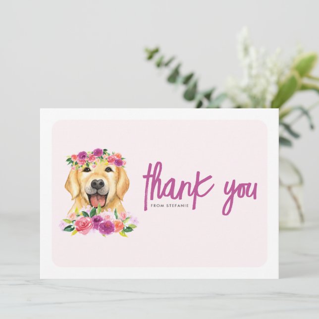 Tarjeta De Agradecimiento Acuarela Golden Retriever Purple Floral Cumpleaños (Anverso de pie)