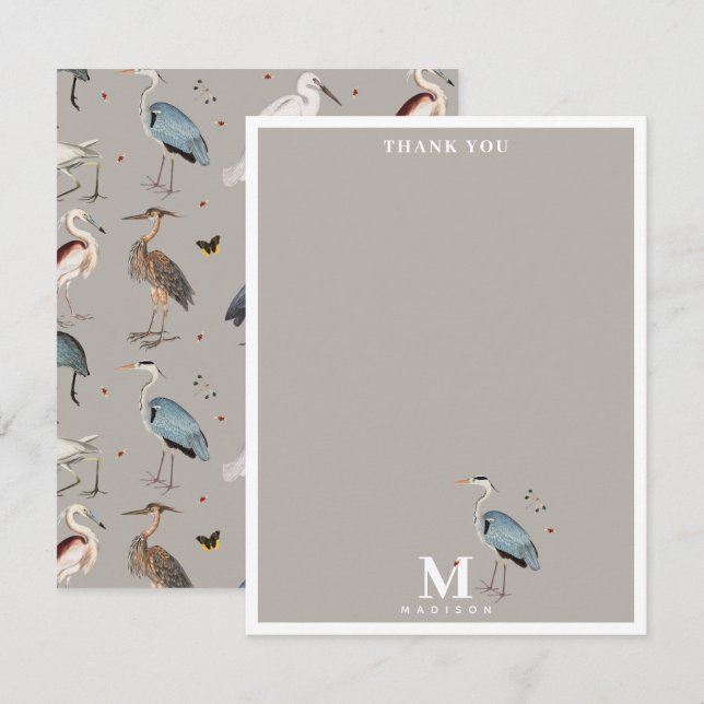 Tarjeta De Agradecimiento Acuarela Heron Bird Egret Nature Monogramada (Anverso / Reverso)
