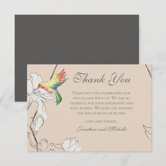 Tarjeta De Agradecimiento Acuarela Hummingbird Boda Geométrico Floral (Anverso / Reverso)