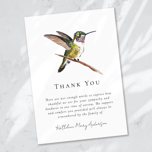 Tarjeta De Agradecimiento Acuarela Hummingbird Sympathy Funeral (Subido por el creador)