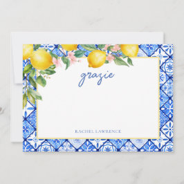 Tarjeta De Agradecimiento Acuarela Limones Azulejos Azules Italianos Despedi