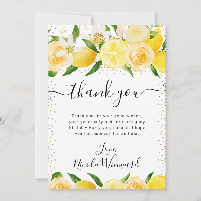 Tarjeta De Agradecimiento Acuarela Limones y Flores Cumpleaños (Anverso)