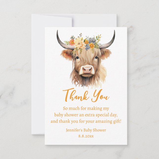 Tarjeta De Agradecimiento acuarela linda crianza de vaca de montaña ducha de (Anverso)