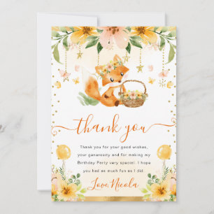 Tarjeta De Agradecimiento Acuarela Lindo Cumpleaños de Zorro Bebé Floral