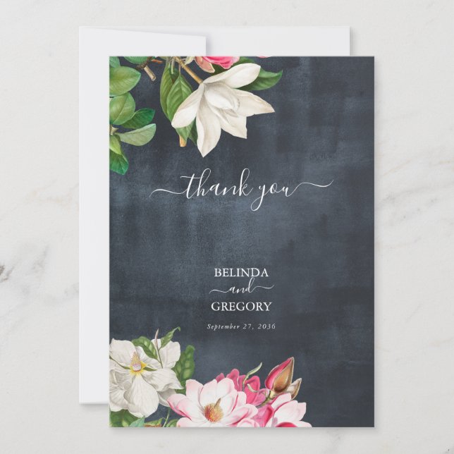 Tarjeta De Agradecimiento Acuarela Magnolia Flores Boda Blanco Negro (Anverso)