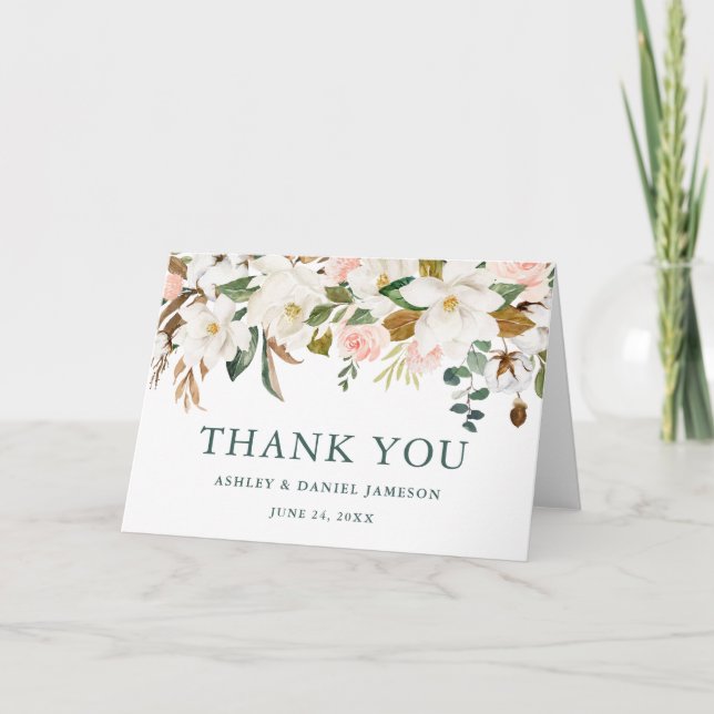Tarjeta De Agradecimiento Acuarela Magnolias Blancas Roses Rosa Boda Fold (Anverso)