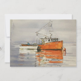 Tarjeta De Agradecimiento Acuarela Maine Pescador Bote Océano Naranja Gris