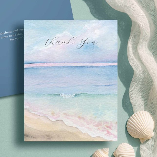 Tarjeta De Agradecimiento Acuarela Mar Funeral Gracias Cartas (Funeral thank you cards features watercolor shoreline art by Victoria Grigaliunas of Do Tell A Belle)