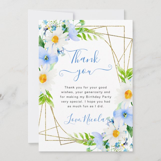 Tarjeta De Agradecimiento Acuarela Margaritas Flores Azules Marco Cumpleaños (Anverso)