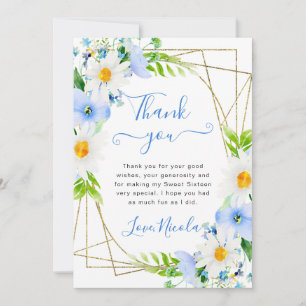 Tarjeta De Agradecimiento Acuarela Margaritas Flores Azules Marco Dulces 16