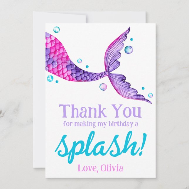 Tarjeta De Agradecimiento Acuarela Mermaid Tail Birday Gracias (Anverso)
