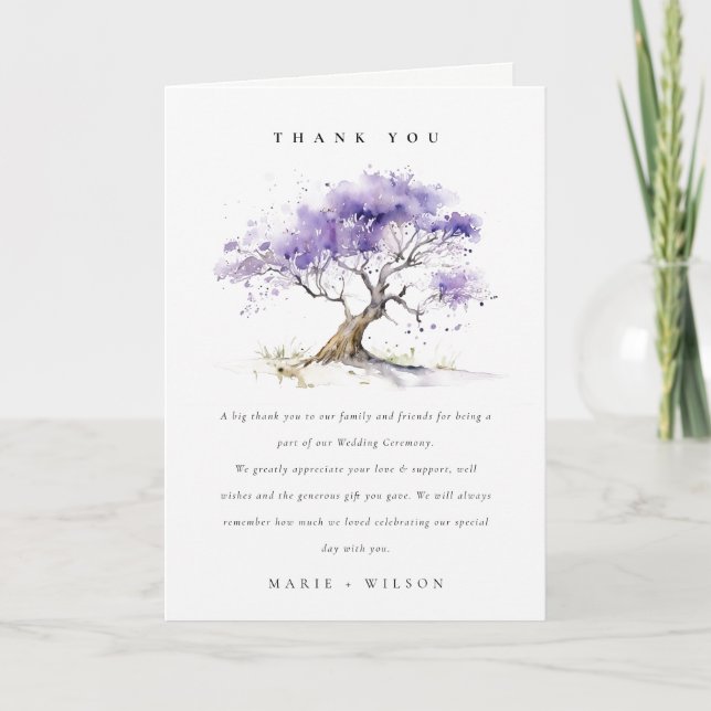 Tarjeta De Agradecimiento Acuarela mínima Lilac Jacaranda Tree Boda (Anverso)