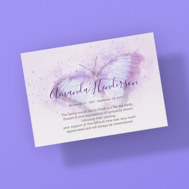 Tarjeta De Agradecimiento Acuarela Morado Mariposa Memorial Gracias (Subido por el creador)