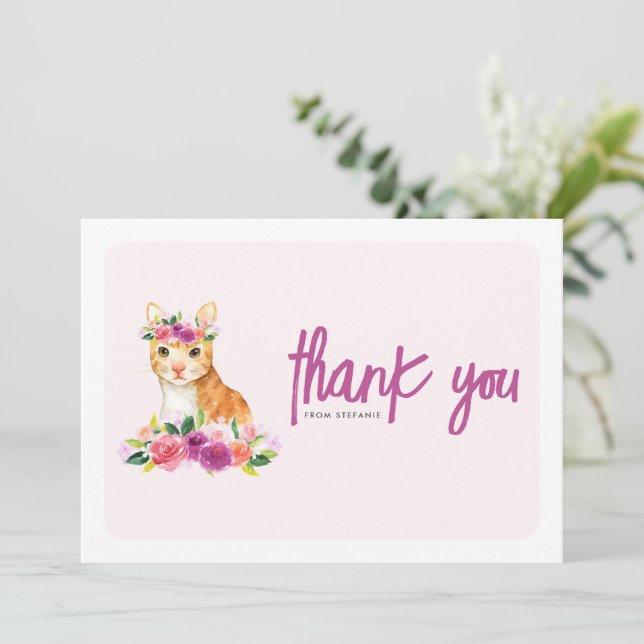 Tarjeta De Agradecimiento Acuarela Naranja Cat y Purple Floral Cumpleaños (Anverso de pie)