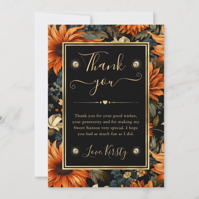 Tarjeta De Agradecimiento Acuarela Naranja Marrón Hojas de Otoño Cumple 16 (Anverso)