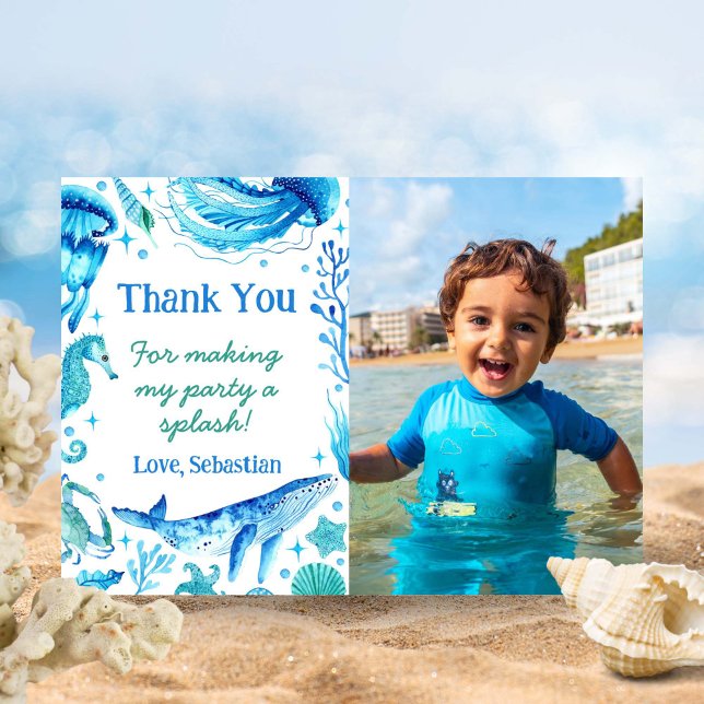 Tarjeta De Agradecimiento Acuarela Oceánica Animales Ballenas bajo la foto d (Watercolor Ocean Animals Whale Under the Sea Photo Thank You Card)