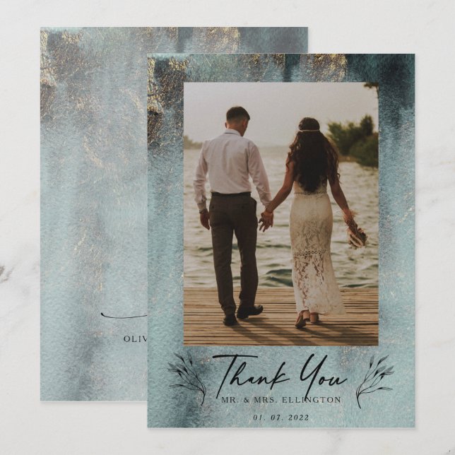 Tarjeta De Agradecimiento Acuarela oceánica moderna con foto de oro (Anverso / Reverso)