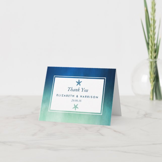 Tarjeta De Agradecimiento Acuarela Océano Starfish Beach Wedding Gracias (Anverso)