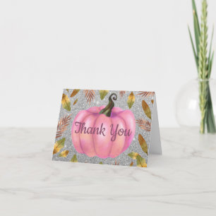 Tarjeta De Agradecimiento Acuarela Otoño Calabaza Brillo Plateado Rosa
