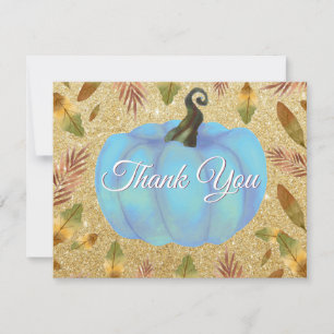 Tarjeta De Agradecimiento Acuarela Otoño Calabaza Dorado Brillante Azul