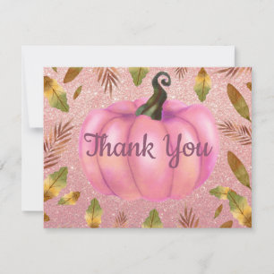 Tarjeta De Agradecimiento Acuarela Otoño Calabaza Rosa Dorado Brillo Rosa