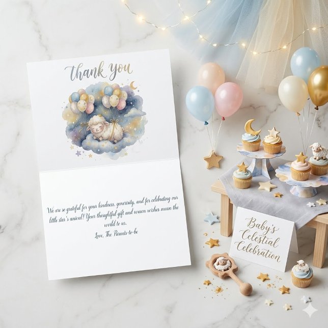 Tarjeta De Agradecimiento Acuarela Ovejas Celestiales y Globos Baby Shower (Subido por el creador)
