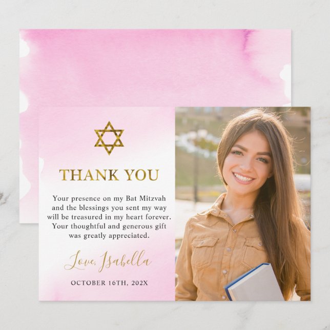 Tarjeta De Agradecimiento Acuarela Pastel de oro rosa Bat Mitzvah Foto (Anverso / Reverso)