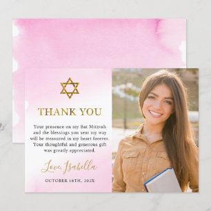 Tarjeta De Agradecimiento Acuarela Pastel de oro rosa Bat Mitzvah Foto