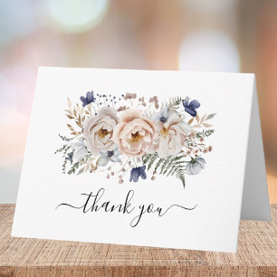 Tarjeta De Agradecimiento Acuarela Preciosa Flor Azul Beige Floral Doblada