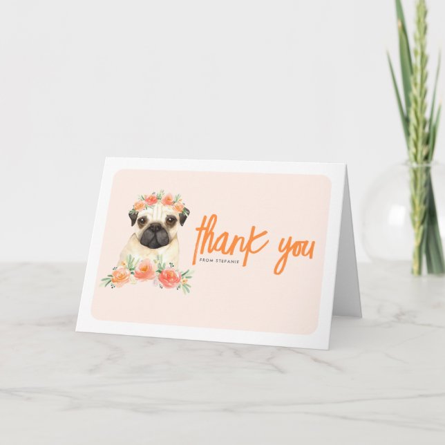 Tarjeta De Agradecimiento Acuarela Pug y Flores de Peach Dog Cumpleaños (Anverso)