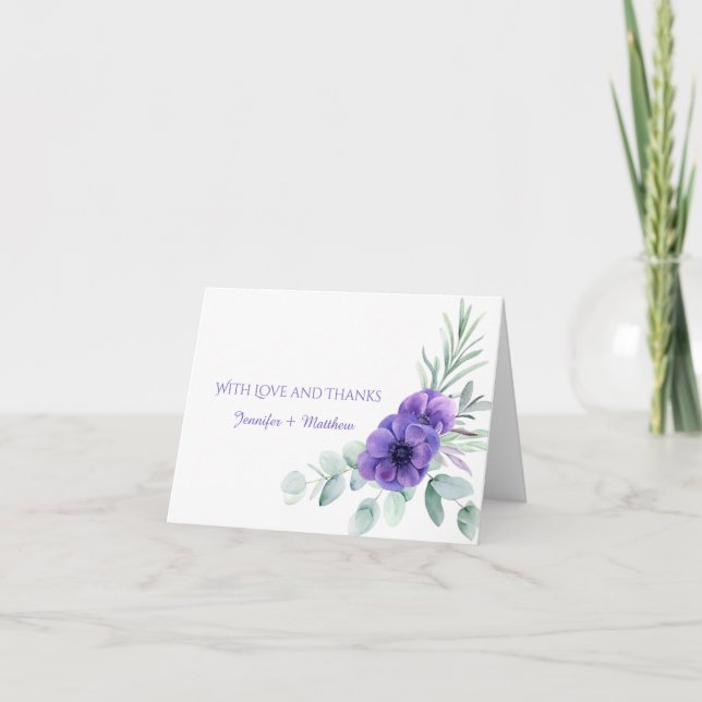 Tarjeta De Agradecimiento Acuarela Púrpura Anémona Verde Gracias (Anverso)